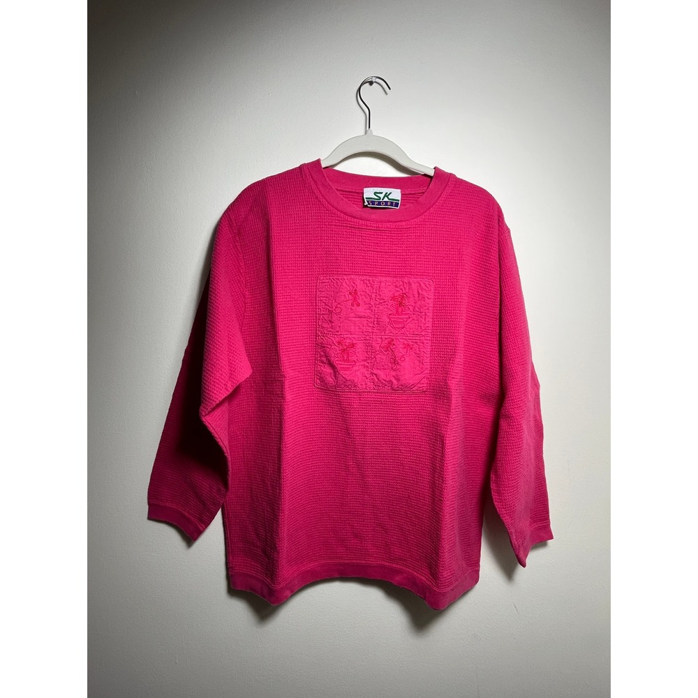 SK Sport Vintage Hot Pink Waffle Knit Embroidered Floral Sweatshirt Crewneck
